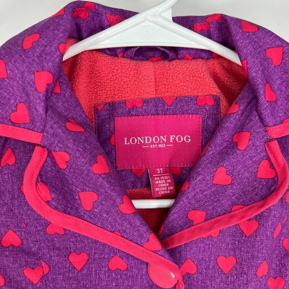 London Fog Girls Raincoat Jacket Purple Pink Heart Print Hooded Fleece Lined - Picture 3 of 12